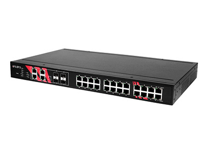 Foto Switch Gigabit Ethernet industrial 802.3at PoE+ gestionable, de 28 puertos y rackeable.